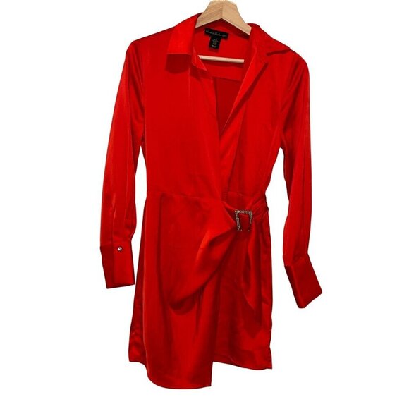 HOUSE OF HARLOW Front Rhinestone Buckle Satin Wrap 35" Mini Dress in Red XS - Picture 2 of 11
